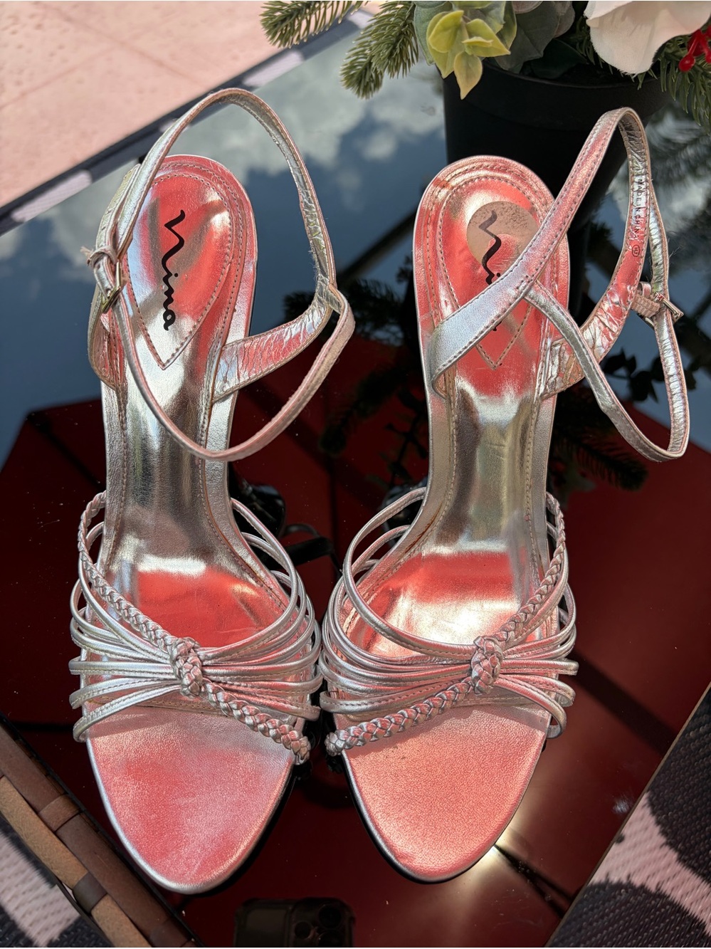 Nina Pink-Silver Braided Strappy Heels